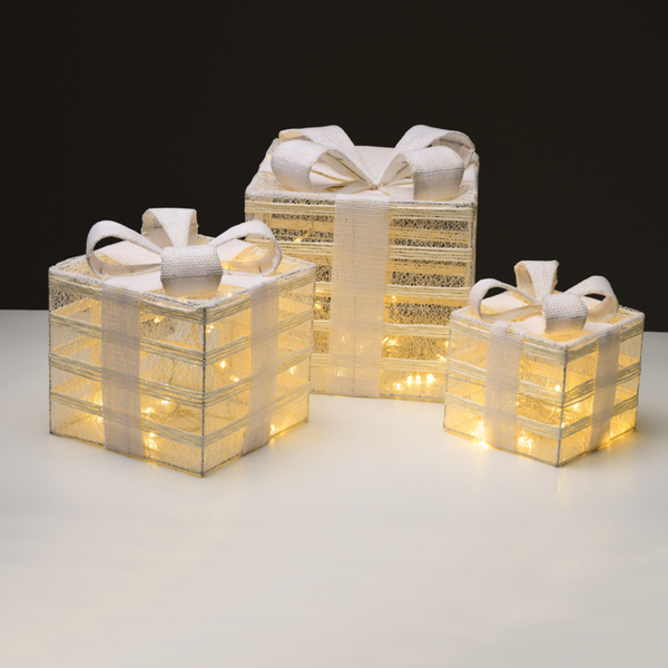 SET "WHITE GIFT BOX, BURLAP BOW" 75(15+25+35) WW LED  ΜΠΑΤ. 3*3ΑΑ IP20 17,23,28.5CM