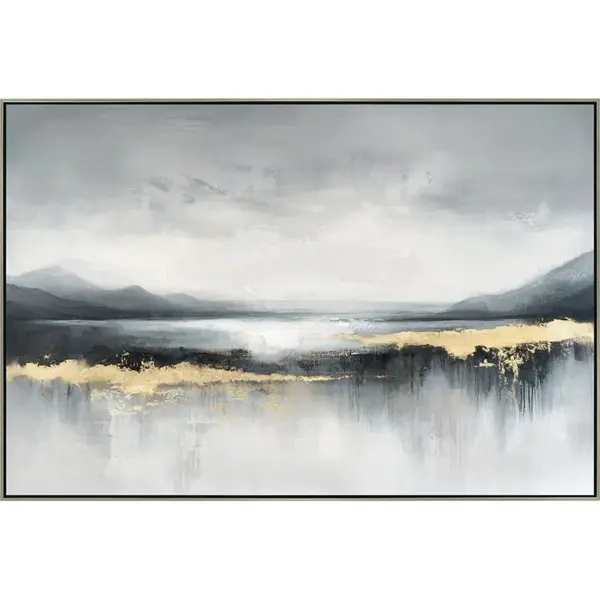 ΠΙΝΑΚΑΣ ΚΑΜΒΑΣ ΑΣΠΡΟΜΑΥΡΟ/ΧΡΥΣΟ ΛΙΜΝΗ & ΒΟΥΝΑ ΣΕ ΚΟΡΝΙΖΑ - 122.5x82.5x3.5cm 6/KIB